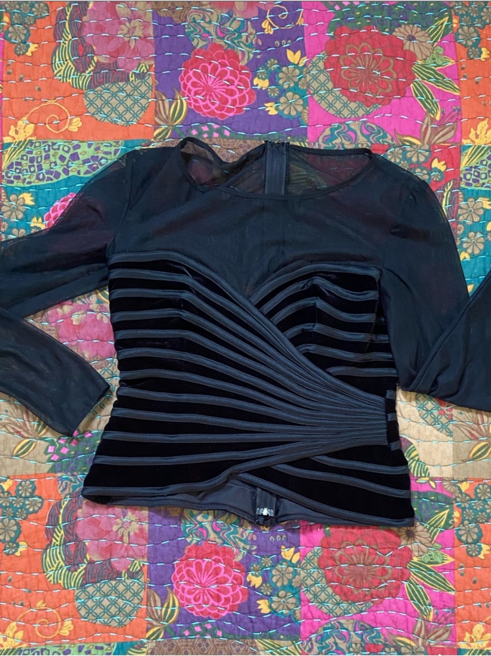 JS Collections Black Sheer-Sleeve Velvet Stripe Long Sleeve Top 10